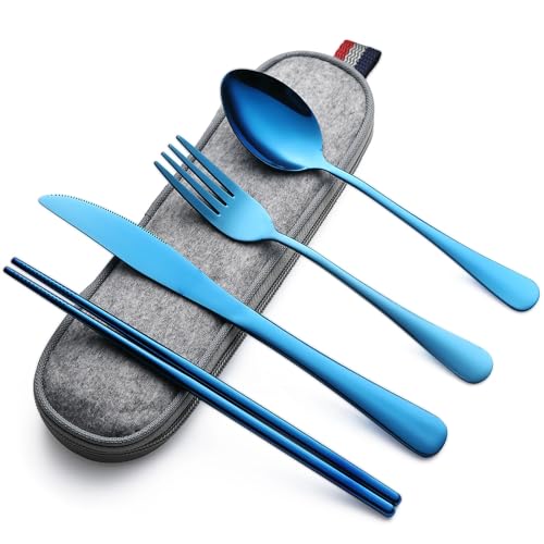Travel Utensils Set - 5 Piece Portable Silverware with Case - Blue