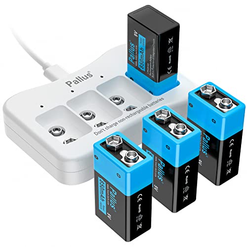 Pallus 9v Rechargeable Batteries, 4-Pack 850mAh 9 Volt Li-ion Batteries with 9V Battery Charger for Smoke Detectors, Alarms, Wireless Microphones, Toys, Flashlights & More