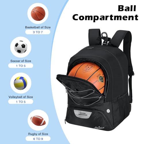 MoKo Basketball Bag Backpack with Ventilated Shoes & Ball Compartments - Black