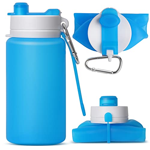 Collapsible Silicone Water Bottle - 20oz Portable Foldable Sport Bottle - Blue