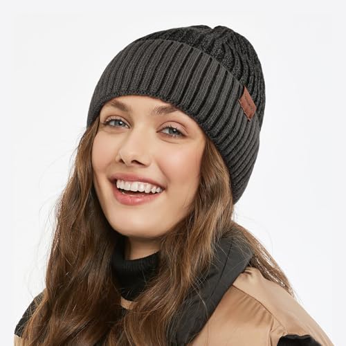 BESSTEVEN Winter Beanie Hat for Men Women - Fleece Lined Knit Cuffed One Size (Black/Grey)