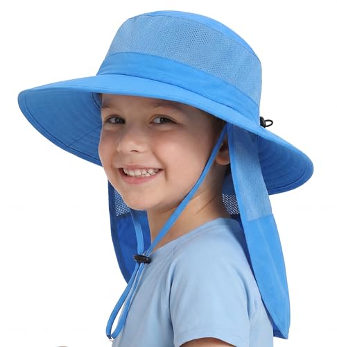 Kids UPF 50+ Wide Brim Sun Hat with Neck Flap - 3-7 Years Blue
