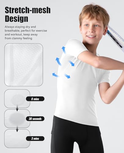 Boys Compression Shirt - Youth Athletic Quick Dry Base Layer - Small / White