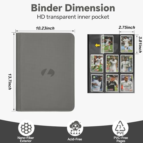 LUNNSHO Grey 9-Pocket Double-Sided Trading Card Binder, 540 Card Capacity, PU Album for MTG/TCG