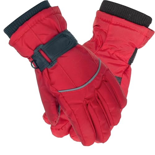 Kids Winter Ski Gloves - Warm Windproof for 5-10T - Curved Red