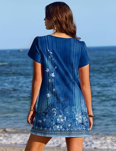 Petal Short Sleeve Swimsuit Coverup Dress - Blue Floral, Large