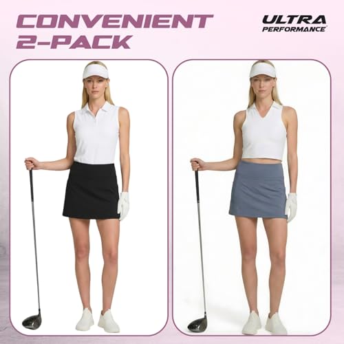 Women's Golf Skirt 2 Pack with Compression Liner & Pockets - Large Black & Grey Athletic Skorts