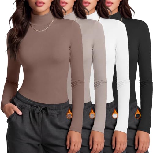 HOPLYNN Women's Thermal Turtleneck Shirts 2/4 Pack - Fleece-Lined Long Sleeve Tops, Black, White, Coffee, Wheat, Medium