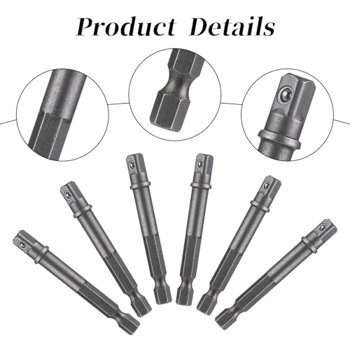 6 Pack 1/4 Inch Square Socket Adapter Bits for Drill and Impact Driver - Power Bit Set for Automotive DIY, Hex Shank, Silver