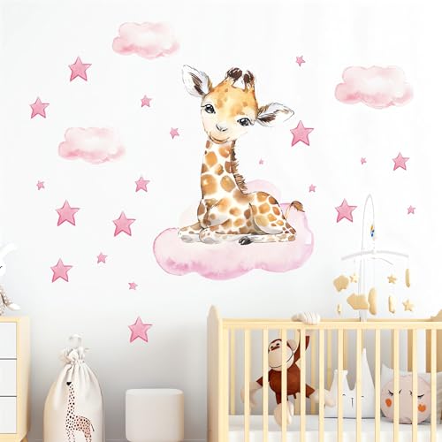 Cute Pink Baby Giraffe Wall Stickers, sacinora Moon and Stars DIY Art Wall Decals Removable Vinyl Peel and Stick for Kids Baby Girls Nursery Bedroom Toddler Room Decorations