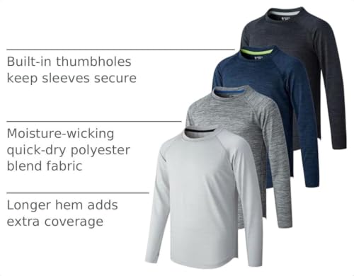 Liberty Imports 4 Pack Youth Boys Long Sleeve Shirts with Thumb Holes - Medium Light Gray, Charcoal, Navy, Gray