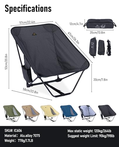 iClimb Low Ultralight Folding Chair (Black Grid) - 1.7 lb, 264 lb capacity