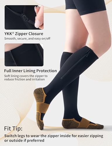 Large 2 Pairs Copper Compression Socks 20-30 mmHg Zipper Support for Circulation & Swelling