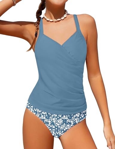 Girls Tankini Swimsuit - Twist V Neck, Ruched, Blue Floral, 15-16 Years