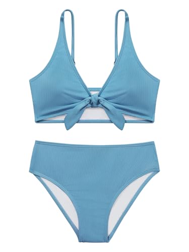 Girls Two-Piece Bikini Set - Knot Front V Neck Swimsuit, Grey Green, 15-16 Years