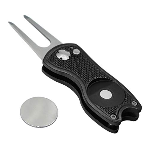 Foldable Golf Divot Repair Tool with Magnetic Ball Marker - Black