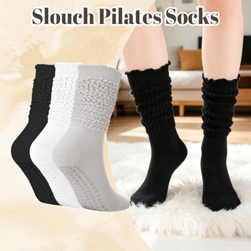 Pilates Socks with Grips for Women - 3 Pack Ruffle Style - White, Grey, Black