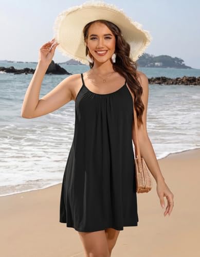 Ekouaer Women's Black Medium Swimsuit Cover Up with Spaghetti Straps and Pleated Neck