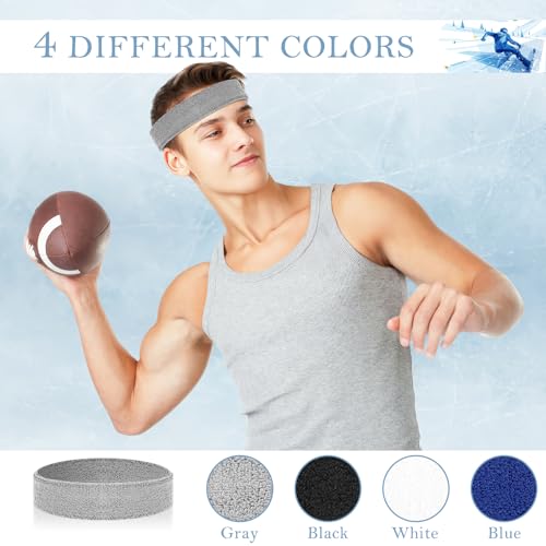 Cotton Terry Sweat Headbands for Men & Women - 4 Pack Black/White/Gray/Blue