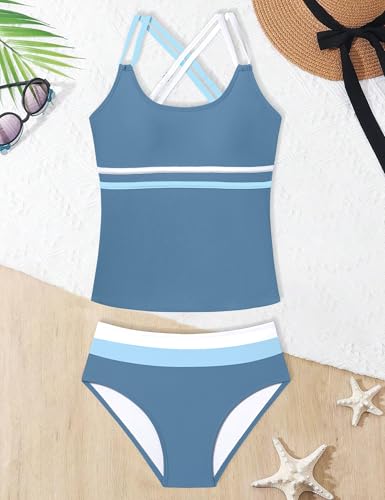 Girl's Ribbed Tankini Swimsuit - Blue & White, 11-12 Years