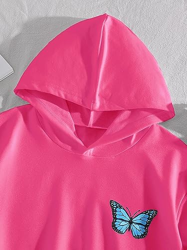 Butterfly Print Long Sleeve Hoodie Crop Top - Hot Pink, 12 Years