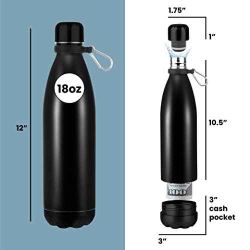 Diversion Safe Water Bottle -Black Stainless Steel Bottle with Hidden Compartment for Cards, Keys, Cash, and Valuables - Insulated Bottle for Hot and Cold Drinks - 18 Ounces