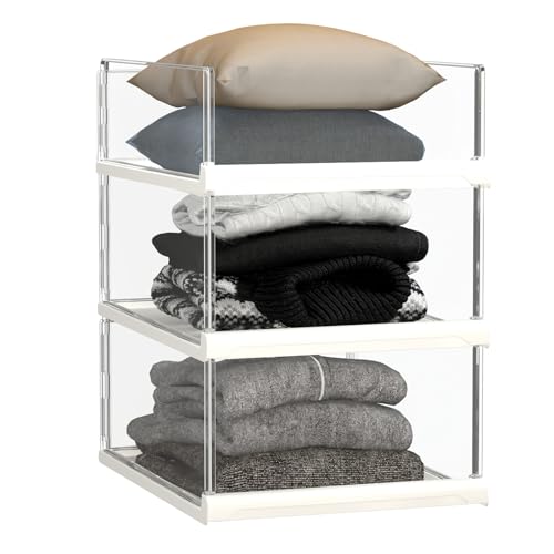 3 Pack Stackable Closet Organizers and Storage Shelves - Transparent Sweater Organizer for Closet, Bathroom, Kitchen, Cupboard, Laundry Room, and Office