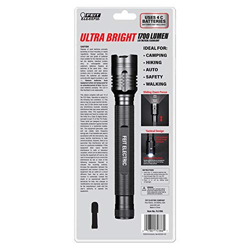 Feit Electric 1700 Lumen LED Tactical Flashlight - 9.76 in, Aluminum, Zoomable Bezel, 4-C Battery Required
