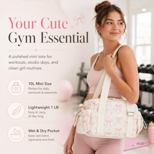 Pink Bow Beige Small Gym Bag for Women - Dance, Yoga & Fitness Tote