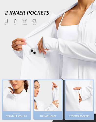Women's Athletic Jacket - Lightweight Zip-Up, UPF 50+, Medium/White