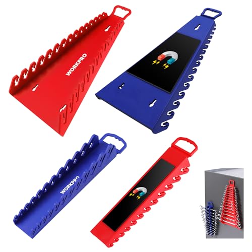 WORKPRO 4-PACK Magnetic Wrench Organizer, 2PC 15-Slot and 2PC 12-Slot Gripper Wrench Holder for Tool Boxes, Flexible Gripping Teeth and Carrying Handle, Fit for SAE and Metric, Blue, Red