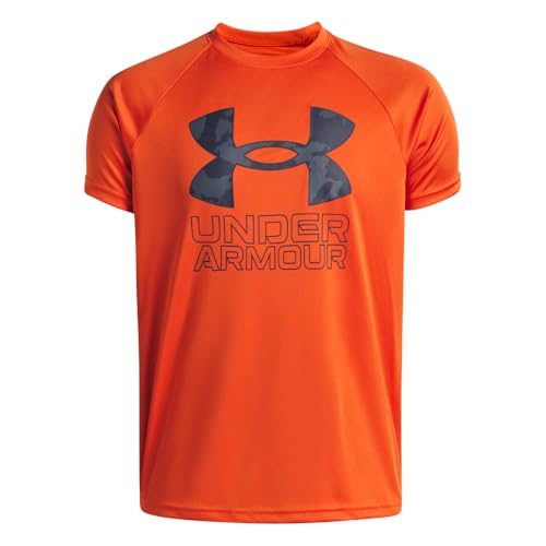 Kids Tech Hybrid Print Short Sleeve T-Shirt - Large, Orange Base/Navy