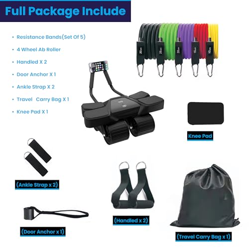 4-Wheel Ab Roller Home Gym Set with Resistance Bands - Black 13-In-1
