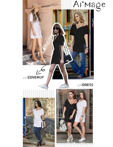 Women's V-Neck Swimwear Cover Up Dress with Drawstring - Black, XX-Large