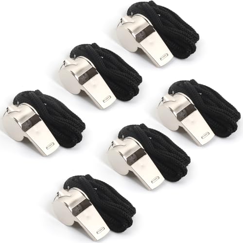 6-Pack Stainless Steel Whistles with Lanyards - Loud Sports & Safety Whistle