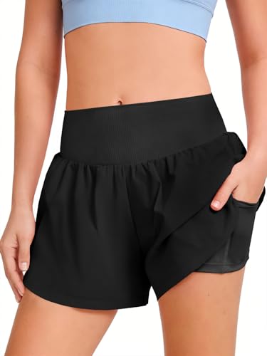 Girls High Waisted 2 in 1 Athletic Shorts with Pockets - Black, 11-12 Years