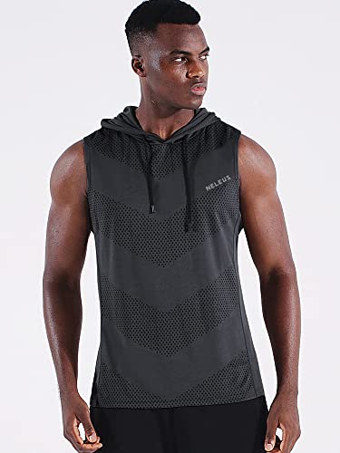 Neleus Men's Workout Tank Tops 3 Pack - Sleeveless Running Shirts with Hoodie, Large, Black/Grey/Red