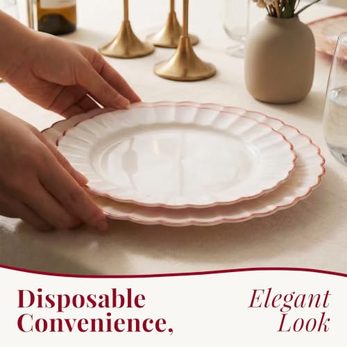 By Madee Ivory Rose Gold Heavyweight Scalloped Plastic Plates Set for Weddings - 100 Pc