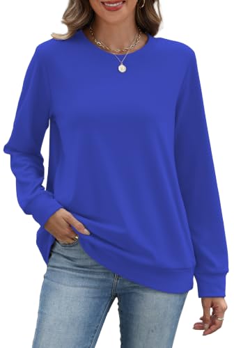 RUMIA Blue Large Crewneck Sweatshirt for Women with Pocket, Fall Long Sleeve Top