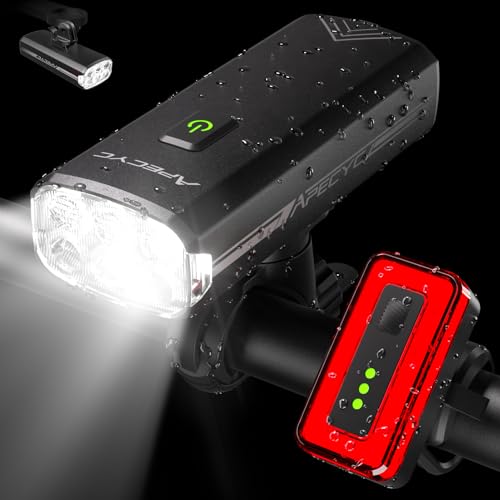 APECYC Rechargeable Bicycle Front & Rear Lights Set - 4+5 Mode Waterproof Bike Lights, 18000-1Pack