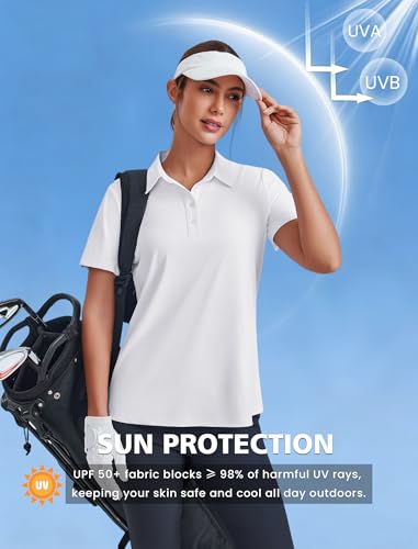 PINSPARK Women's White Golf Shirt Large UPF 50+ Quick Dry Collared Polo