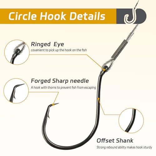 Circle Fishing Hooks Rigs - 25 Pack 1/0 with Stainless Steel Leader