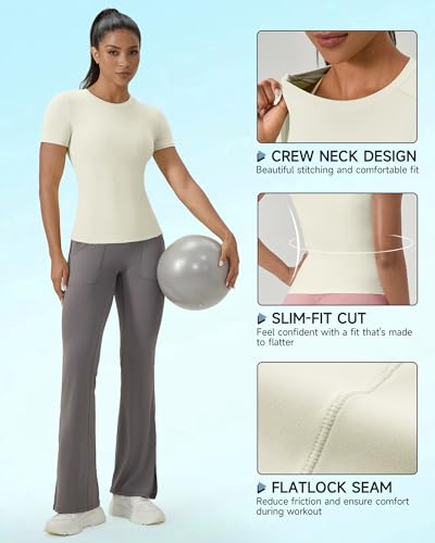 Slim Fitted Workout Tops for Women - Compression Tee - Almond White, XX-Large