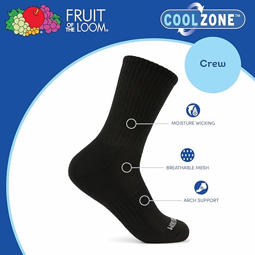 Fruit of the Loom Boys Large Crew Coolzone Socks 8-Pack Black & Multi-Color