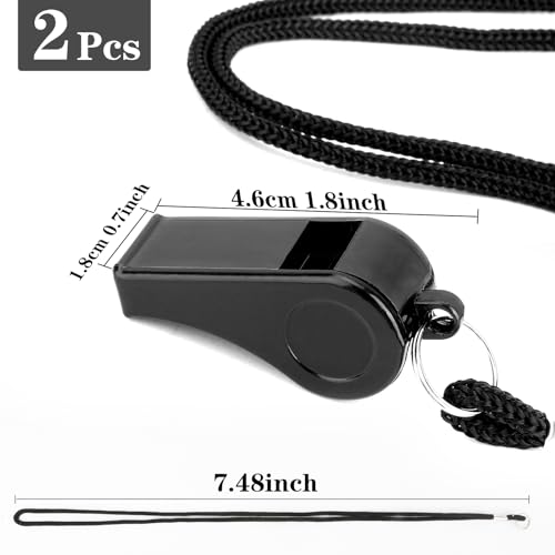 Loud Plastic Coach Whistle with Lanyard - Black 2 Pack
