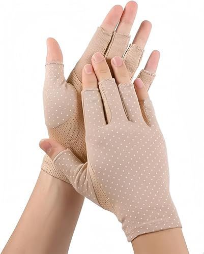 Women's UV Protection Fingerless Driving Gloves - Breathable Cotton - Apricot
