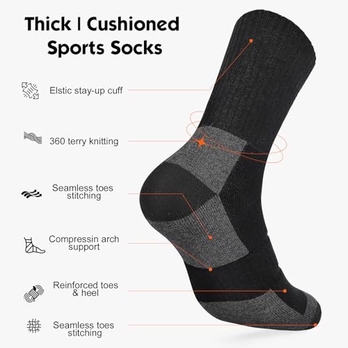 360 Cushioned Thermal Crew Socks - Thick Warm Boot Socks - Medium Black+Grey 4 Pairs