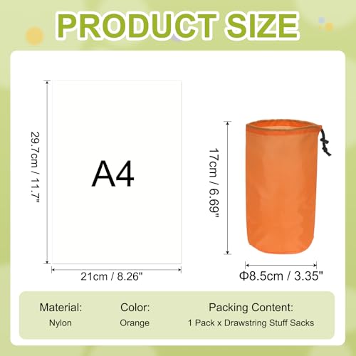 Waterproof Nylon Stuff Sack - Portable Drawstring Bag, 3x7 Inch Orange