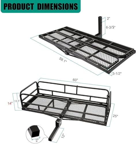 Folding Hitch Cargo Carrier - 60x24x14 Inch, 500 lbs Capacity