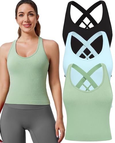 Evercute X-Large 3 Pack Women's Workout Yoga Crop Tops Seamless Strappy with Built-in Bra - Black, Icing-Blue, Sage-Green